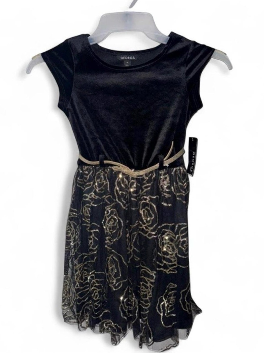 George Girls' Black Velvet Glitter Rose Mesh Holiday Dress - Size 8